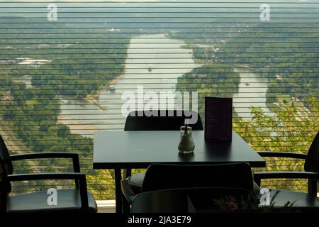 Königswinter, Germany- May 18, 2022 : Beautiful panoramic view of the river Rhine, from a restaurant on the top of the hill at Drachenfels Stock Photo