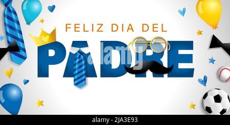 Feliz Dia del Padre, spanish text Happy Fathers Day, banner with necktie glasses and mustache. Vector advertising poster love you Dad for Father's Day Stock Vector