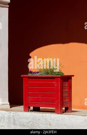 View of a large red flower pot against a plastered orange wall surface. Stock Photo