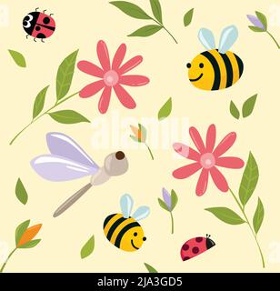 Baby insects flowers seamless pattern, cute paper, cartoon insects and flowers, Stock Vector