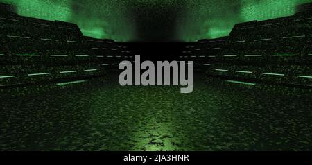 Granite Alien Hangar Tunnel Futuristic Hallway Cyberpunk Dark Olive Green Banner Background 3D Illustration Stock Photo