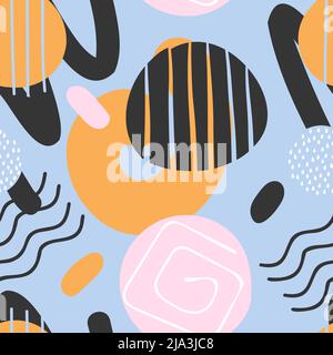 Aesthetic abstract seamless pattern with doodle circles scribbles waves lines dots, soft memphis shapes collage. Vector illustration for posters backgrounds social media templates Stock Vector