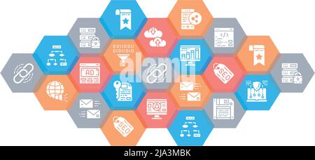 SEO icon set. Bookmark, Hosting, Hyperlink, Advertisement, Data Transfer web header banner. Stock Vector