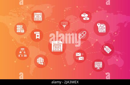 SEO business banner concept. Bookmark, Hosting, Hyperlink, Advertisement, Data Transfer illustration for web site landing. Stock Vector