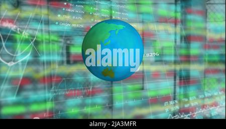 Image of data processing and rotating globe over colourful graphs Stock Photo