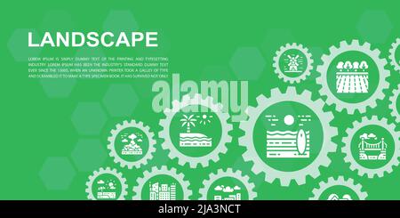 Landscape landing page design template. Bridge, Forest, Garden, Volcano, Windmill illustration for web banners, print materials. Stock Vector