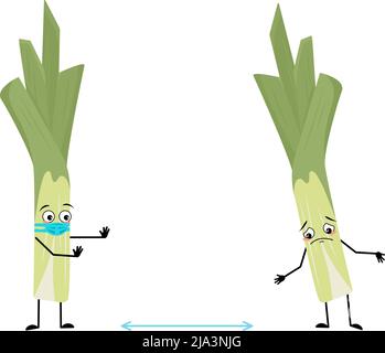 Cute green leek character with face in medical mask keep distance, arms and legs. Healthy vegetable with care expression and posture, rich in vitamins. Vector flat illustration Stock Vector