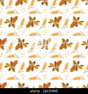 Seamless autumn pattern with acorns, oak leaves and ears of wheat on white background. Bright autumn harvest print for textiles and design. Vector flat illustration Stock Vector