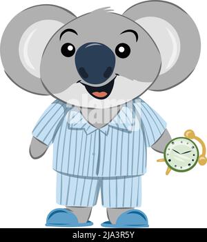 Sleepy koala bear wearing pyjamas and holding an alarm clock. Anthropomorphized Australian Animal. Stock Vector
