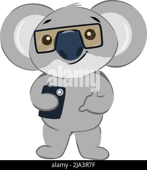 Cool anthropomorphized koala bear wearing sunglasses and holding mobile phone clicking selfie. Stock Vector