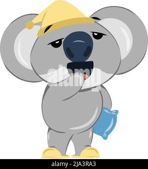 Sleepy koala bear yawning while holding a pillow. Sleep deprived cute adorable anthropomorphized Australian animal. Stock Vector