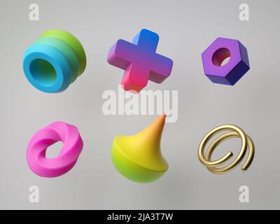3d render, abstract colorful geometric shapes isolated on white background. Minimal modern concept, assorted design elements collection, Stock Photo
