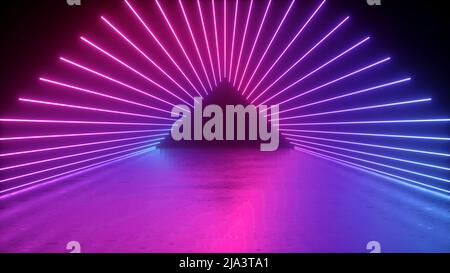 3d rendering, abstract neon background, empty triangular tunnel with pink violet glowing lines, long corridor, path, road, performance stage, Stock Photo