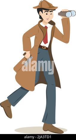 Detective Character running behind criminals holding gun and looking through binoculars Stock Vector