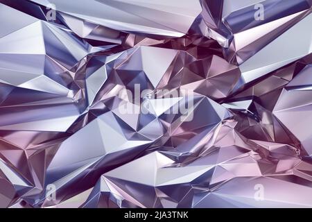 3d render, abstract shiny silver polygonal faceted background, crystal structure, crumpled holographic metallic foil texture, iridescent crystallized Stock Photo