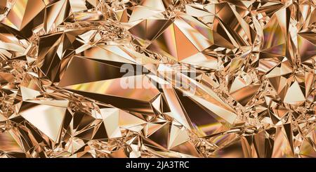 3d render, abstract copper crystal background, glass faceted wallpaper, polygonal geometric structure, crumpled holographic texture, Stock Photo
