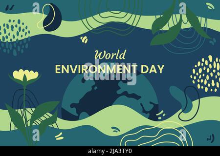 World Environment Day theme. Earth & Floral doodle Flat abstract background. Hand drawn pattern design. Poster, flyer, greeting card and banner Stock Vector