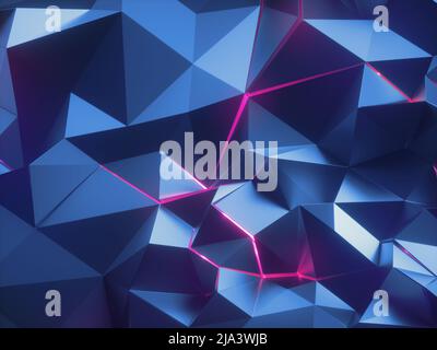 3d render, abstract faceted crystal background, blue metallic texture, pink neon light, glowing lines, triangles, geometric crystallized wallpaper,