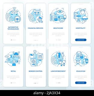 Usage of biometric technology blue onboarding mobile app screen set Stock Vector