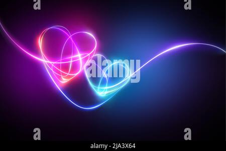 pink blue neon light drawing, hearts linked together. Abstract doodles isolated on dark background. Glowing single line art. Modern minimal concept. Stock Photo