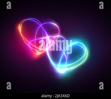 pink blue neon light drawing, couple of hearts, romantic symbols, abstract doodles isolated on black background. Glowing single line art. Stock Photo