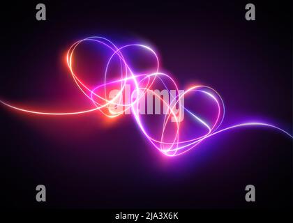 pink red neon light drawing, hearts linked together. Abstract doodles isolated on black background. Glowing single line art. Modern minimal concept. Stock Photo