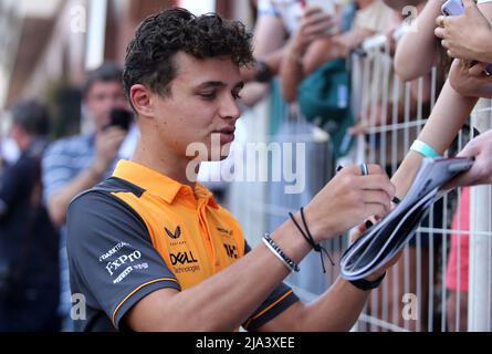 Monte Carlo, Monaco. 27th May, 2022. Lando Norris of McLaren practice ahead of the Formula 1 Monaco Grand Prix 2022 at Circuit de Monaco on May 27, 2022 in Monte-Carlo, Monaco. Credit: Marco Canoniero/Alamy Live News Stock Photo