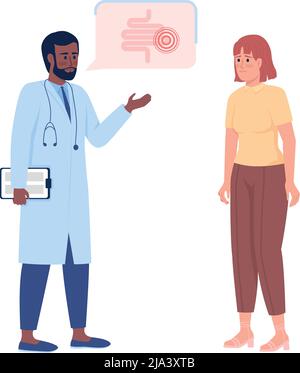 Doctor and upset woman at gut checkup semi flat color vector characters Stock Vector