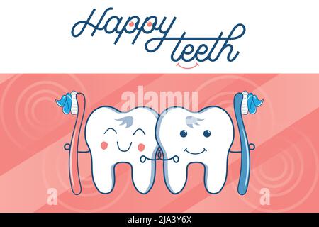 Happy Teeth Mascot, Cartoon teeth holding a toothbrush. Cute tooth brushing cartoon with smiley face. Dental care concept. Illustration isolated on co Stock Vector
