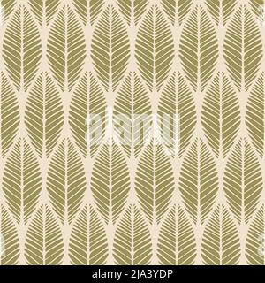 Seamless vector pattern with leaf texture on light yellow background. Simple nature foliage wallpaper design. Decorative braid fashion textile. Stock Vector