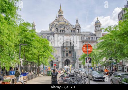 Antwerp May 2022: Antwerpen-Centraal railway station, Belgium. Right next to Antwerp's famous zoo is the equally famous Antwerpen-Centraal. Stock Photo