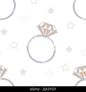 Seamless vector pattern with diamond ring and stars on white background. Romantic proposal wallpaper design. Decorative wedding fashion textile. Stock Vector