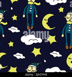 Seamless vector pattern with moon and stars on blue background. Dreaming man night sky wallpaper design for children. Cartoon fashion textile. Stock Vector