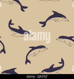 Seamless vector pattern with cartoon dolphins on beige background. Simple hand drawn summer fish wallpaper design. Decorative beach fashion textile.