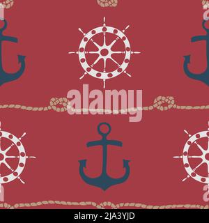 Seamless vector pattern with ship wheel and anchor on red background. Simple marine wallpaper design. Decorative lifestyle fashion textile. Stock Vector