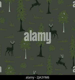 Seamless vector pattern with deer in forest on green background. Simple dark animal silhouettes wallpaper design. Landscape fashion textile. Stock Vector