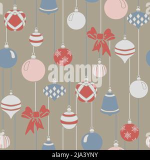 Seamless vector pattern with Christmas baubles on beige background. Simple winter decoration wallpaper design. Festive fashion textile. Stock Vector