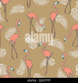Seamless vector pattern with textured flamingos on yellow gold background. Simple tropical bird wallpaper design. Decorative vintage beach fashion tex Stock Vector