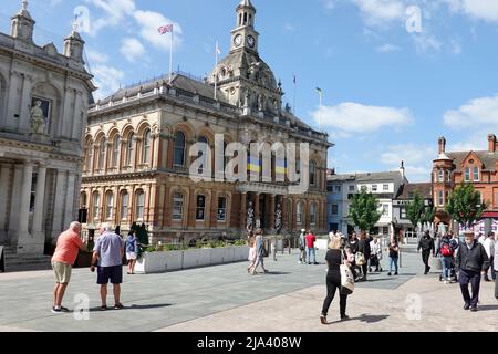 Ipswich, Suffolk, UK - 27 May 2022: The Town Hall displaying the Ukraine flag as a show of support in the ongoing conflict with Russia. Stock Photo