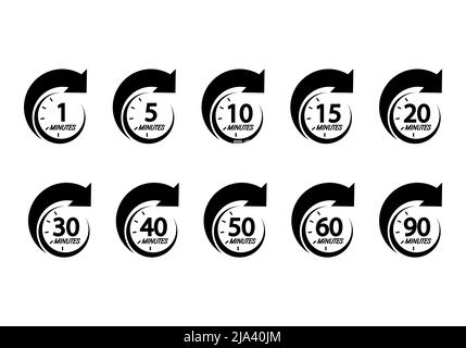 Minute timer icons set. Icons for one minute, five, ten, fifteen or more minutes. Clock , timer time passage icon set Stock Vector