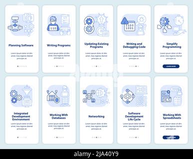 Professional programmer skills light blue onboarding mobile app screen set Stock Vector