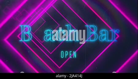 Image of pink neon geometrical shapes over beach bar open text Stock Photo