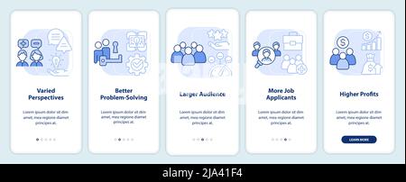 Workplace diversity benefits light blue onboarding mobile app screen Stock Vector