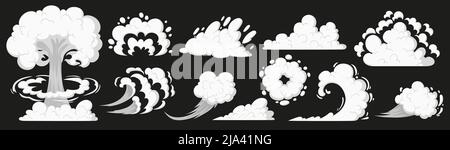 Smog smell collection, puff smoke, explosion elements. Steaming cloud flows, clouds vector illustrations set. Cartoon smoke or dust clouds, smoke puff, stream cloud elements. Steaming dust silhouettes Stock Vector