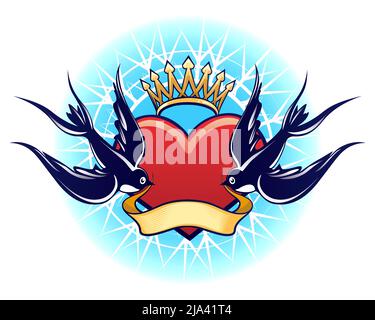 Heart Crown with Swallows colorful Tattoo Stock Vector