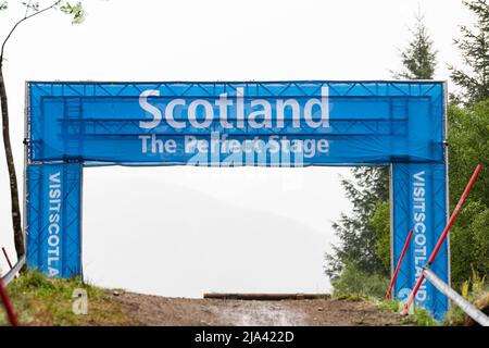 Scotland downhill mountain biking - Scotland The Perfect Stage sign - Nevis Range, Fort William, Scotland, UK Stock Photo