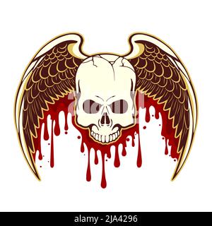 Emblem of Human Skull with Wings and Bloody Drops isolated on white. Vector illustration. Stock Vector