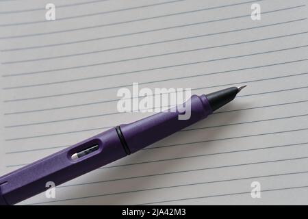Purple fountain pen lies on empty sheet of paper. Fear of clean slate. Copy space Stock Photo