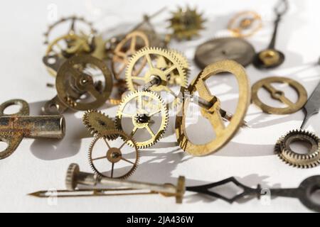 Clock mechanism, gears, wheels, wristwatch parts close-up. Turning cogwheels Stock Photo