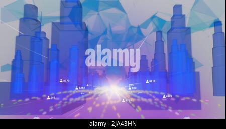 Image of light and numbers moving in metaverse city Stock Photo
